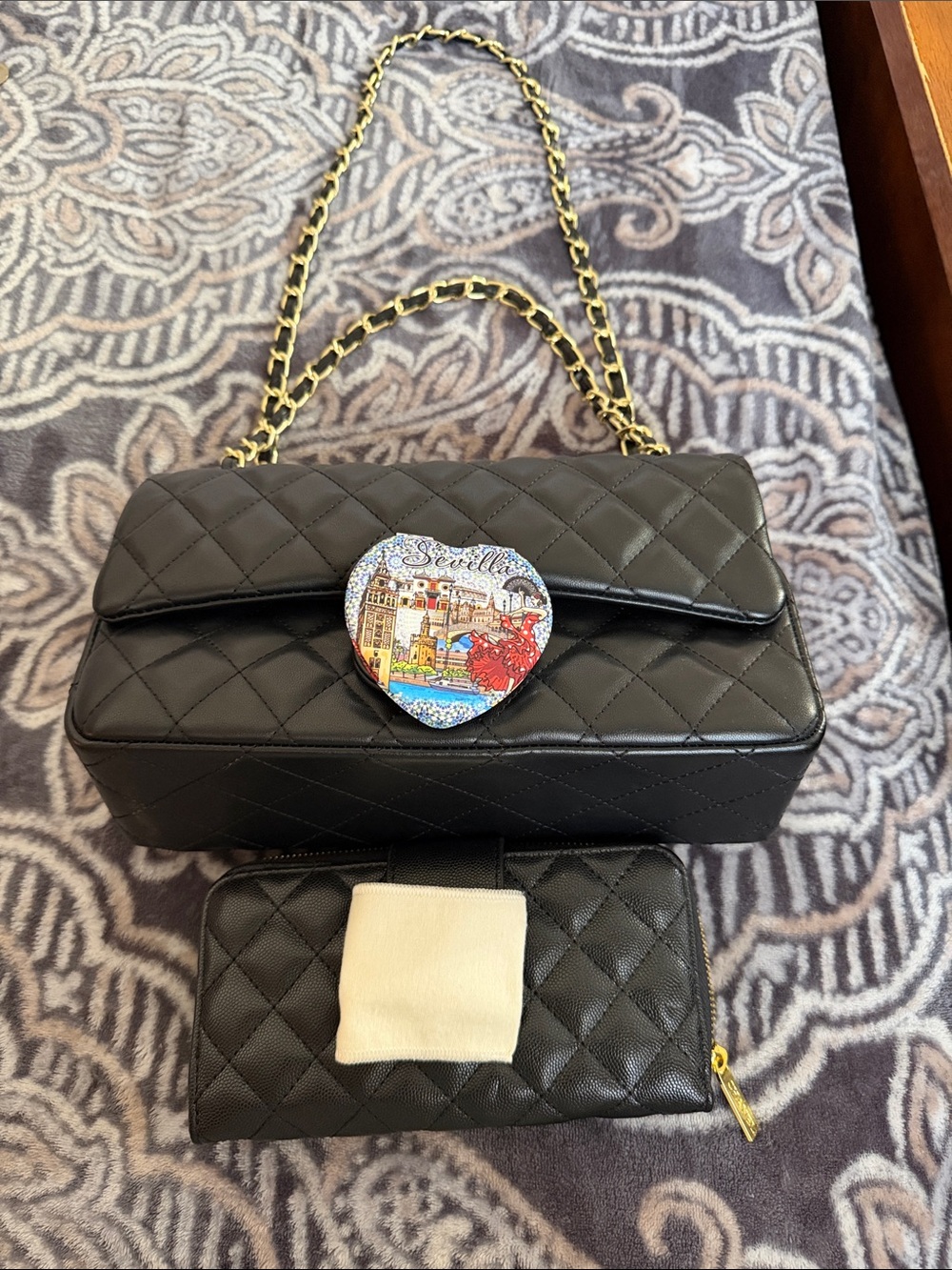 Black Quilted Chain-Handle Shoulder Bag with Heart Medallion